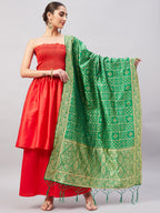 InWeave Women's Red Off Shoulder Kurta Set W Green Brocade Dupatta | Grocsy