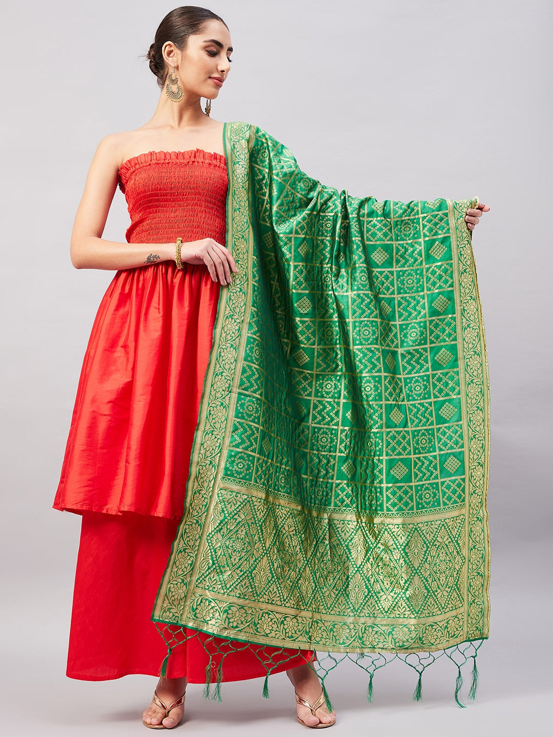 InWeave Women's Red Off Shoulder Kurta Set W Green Brocade Dupatta | Grocsy