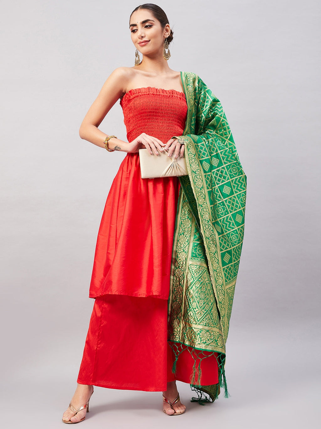 InWeave Women's Red Off Shoulder Kurta Set W Green Brocade Dupatta | Grocsy