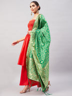 InWeave Women's Red Off Shoulder Kurta Set W Green Brocade Dupatta | Grocsy