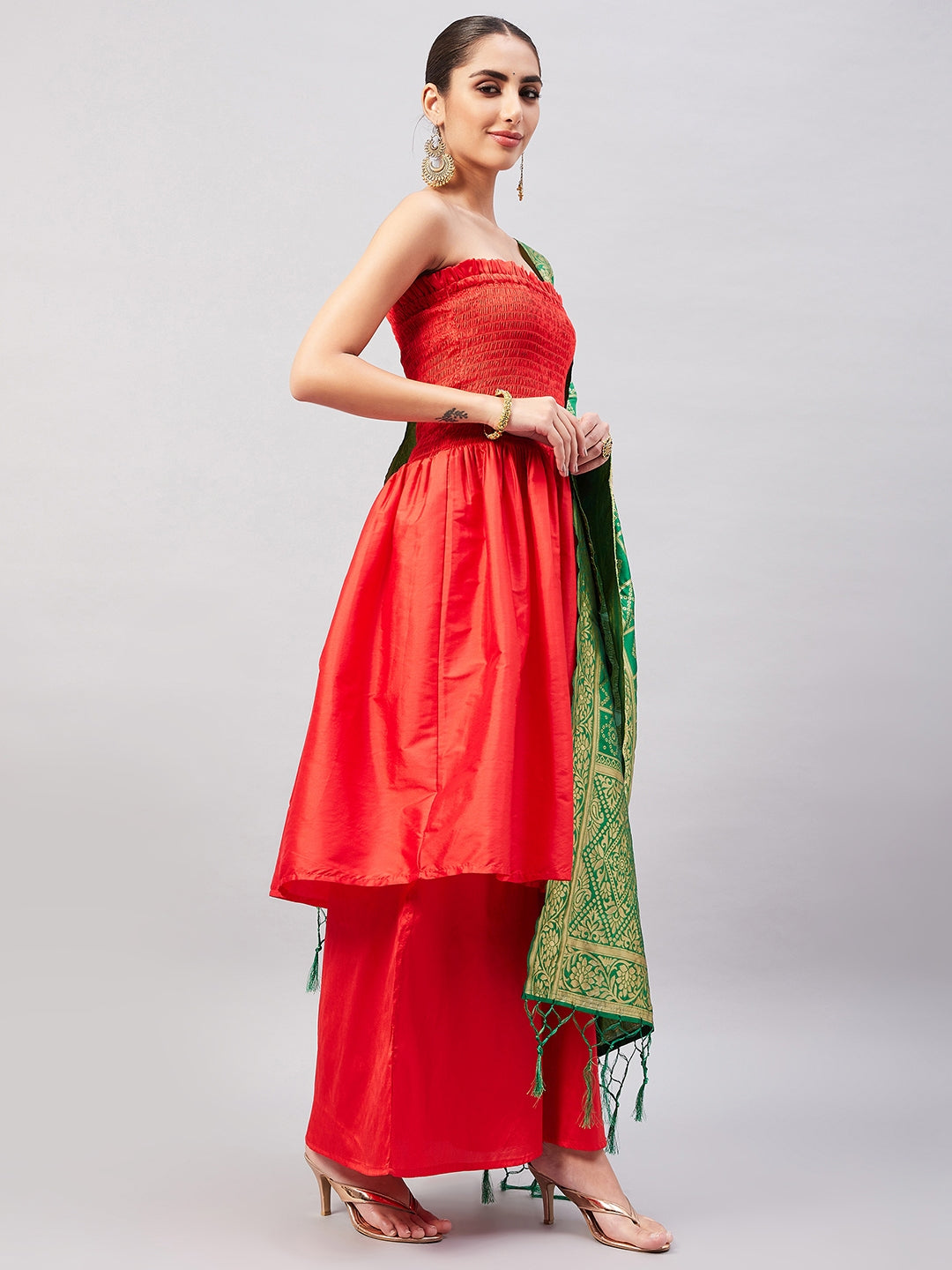 InWeave Women's Red Off Shoulder Kurta Set W Green Brocade Dupatta | Grocsy