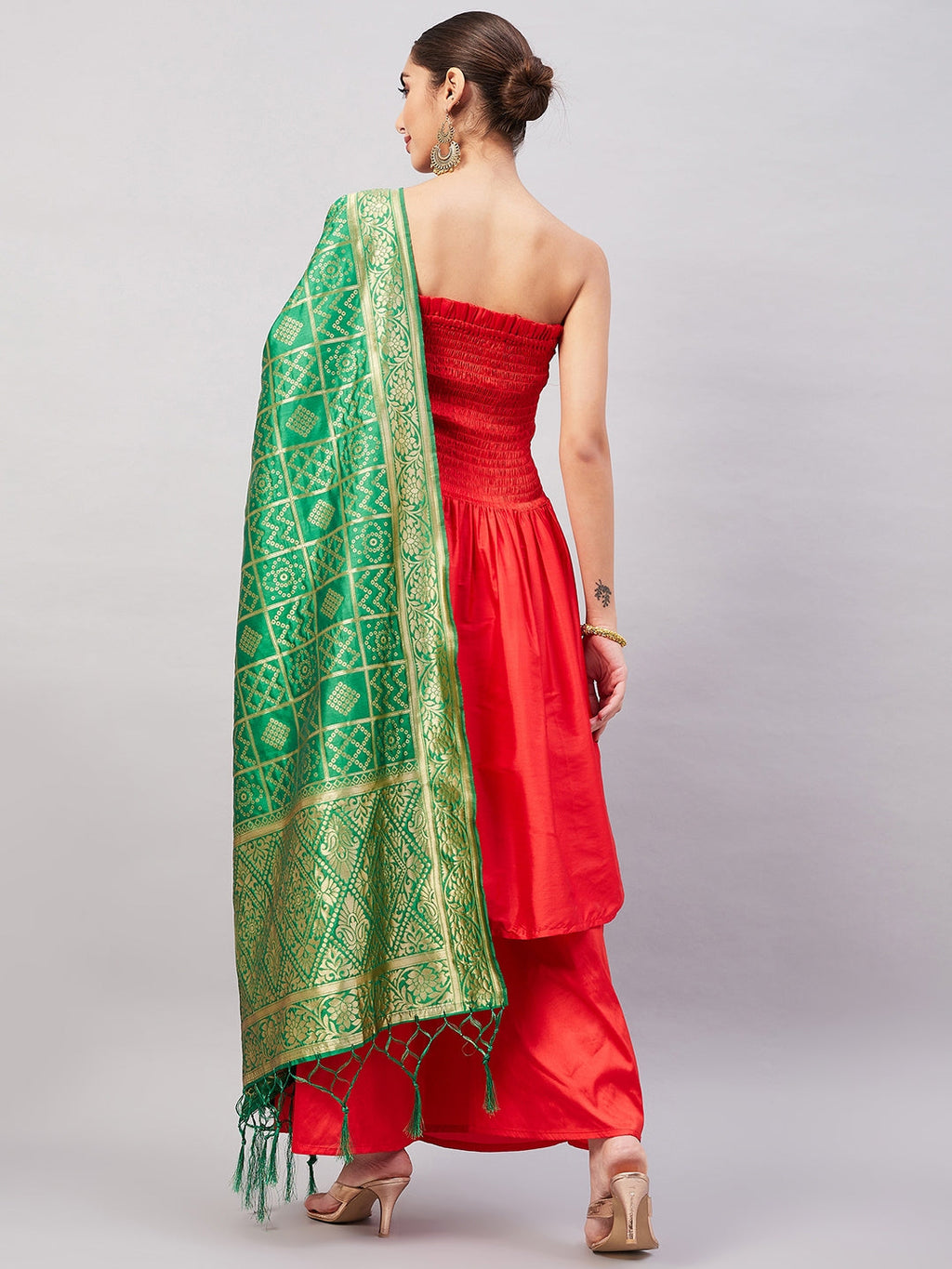 InWeave Women's Red Off Shoulder Kurta Set W Green Brocade Dupatta | Grocsy