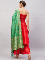 InWeave Women's Red Off Shoulder Kurta Set W Green Brocade Dupatta | Grocsy