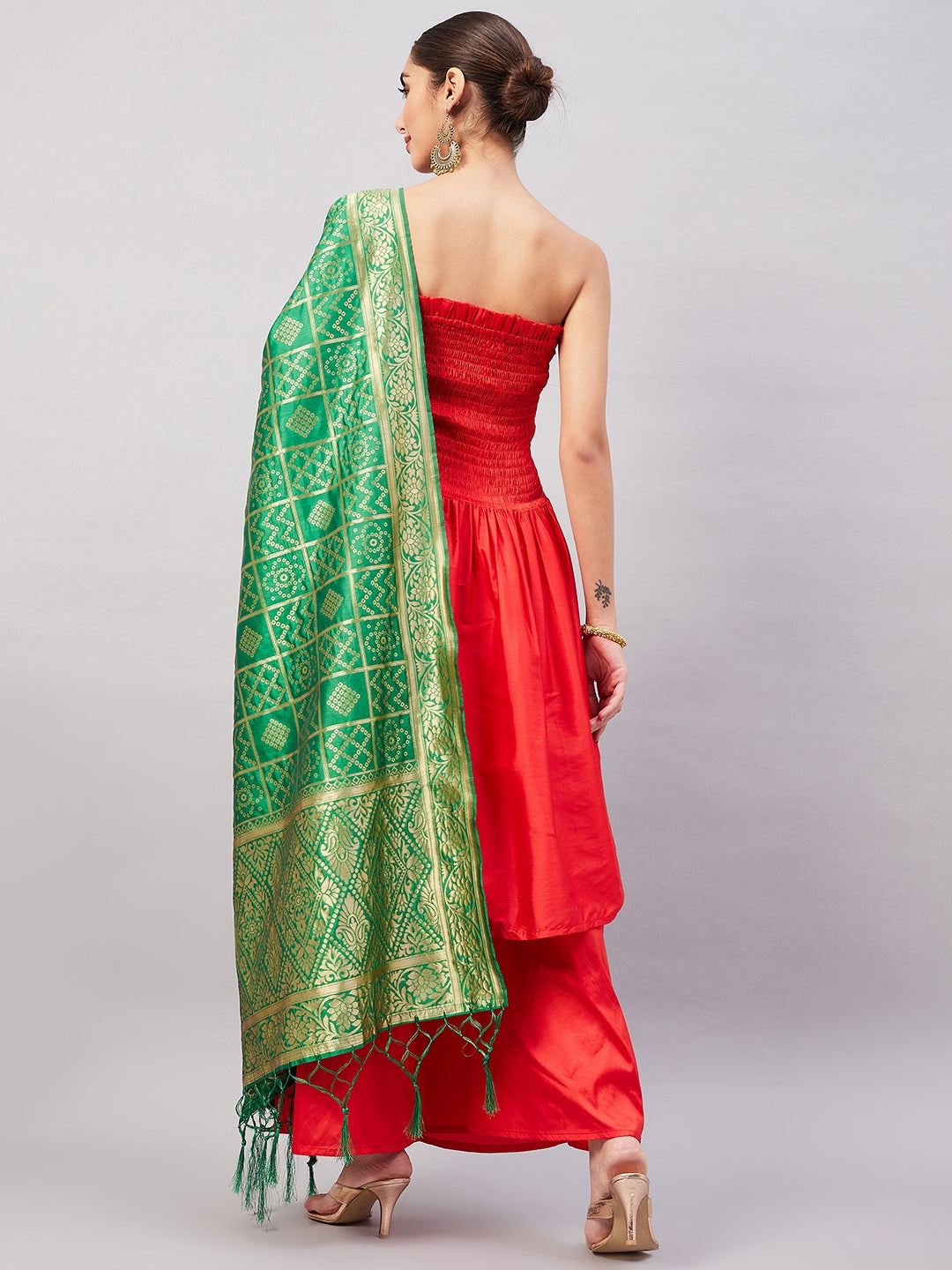 InWeave Women's Red Off Shoulder Kurta Set W Green Brocade Dupatta | Grocsy