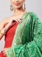InWeave Women's Red Off Shoulder Kurta Set W Green Brocade Dupatta | Grocsy
