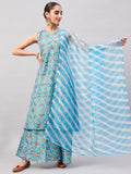 InWeave Women's Sky Blue Floral Halter Kurta Set W Sb Leh Organza Dupatta | Grocsy