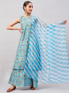 InWeave Women's Sky Blue Floral Halter Kurta Set W Sb Leh Organza Dupatta | Grocsy