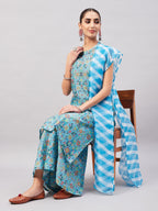 InWeave Women's Sky Blue Floral Halter Kurta Set W Sb Leh Organza Dupatta | Grocsy