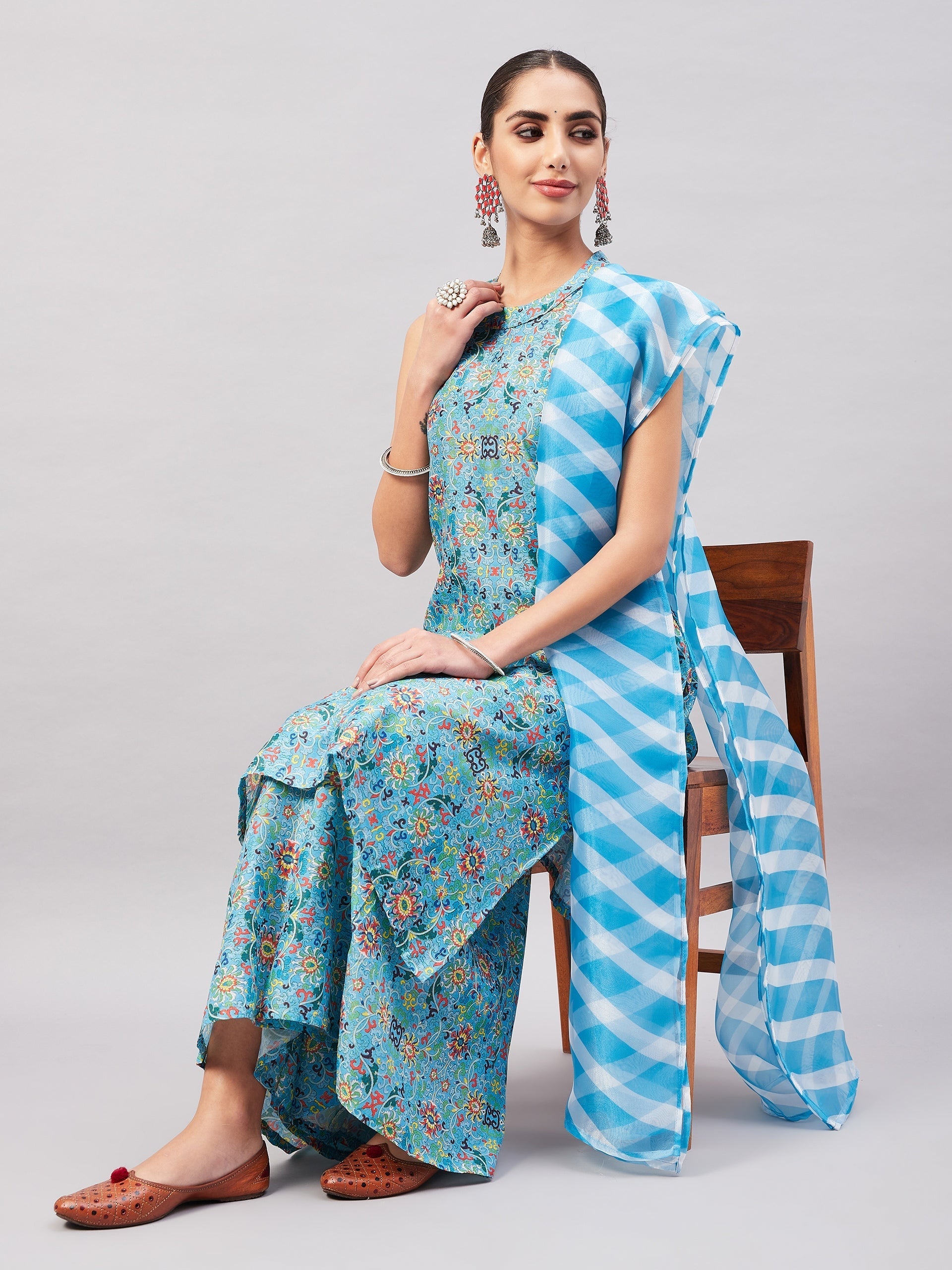 InWeave Women's Sky Blue Floral Halter Kurta Set W Sb Leh Organza Dupatta | Grocsy