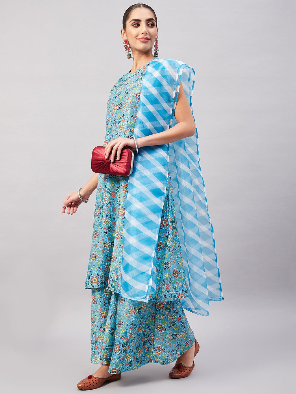 InWeave Women's Sky Blue Floral Halter Kurta Set W Sb Leh Organza Dupatta | Grocsy