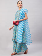 InWeave Women's Sky Blue Floral Halter Kurta Set W Sb Leh Organza Dupatta | Grocsy