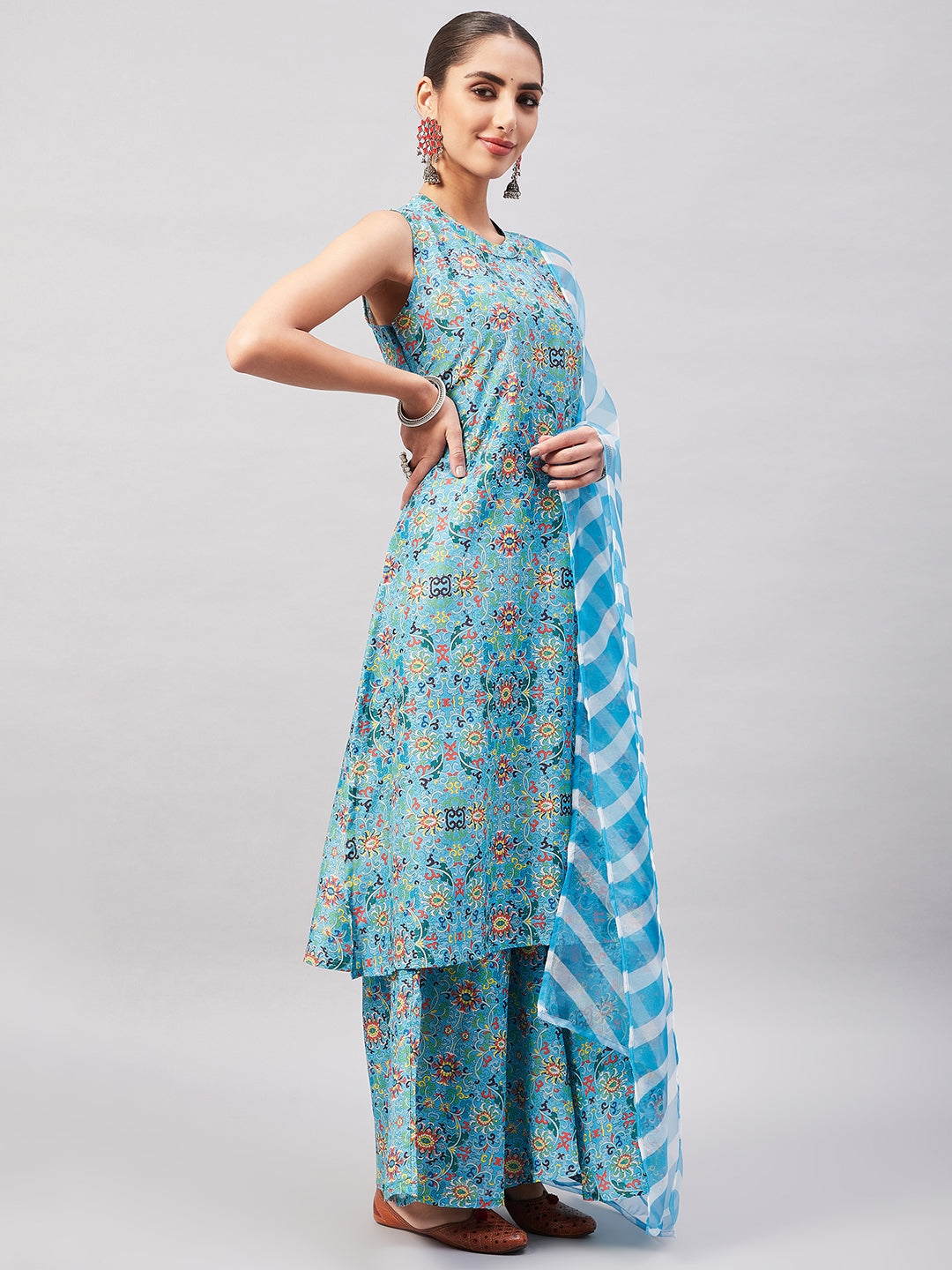 InWeave Women's Sky Blue Floral Halter Kurta Set W Sb Leh Organza Dupatta | Grocsy