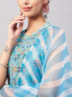 InWeave Women's Sky Blue Floral Halter Kurta Set W Sb Leh Organza Dupatta | Grocsy