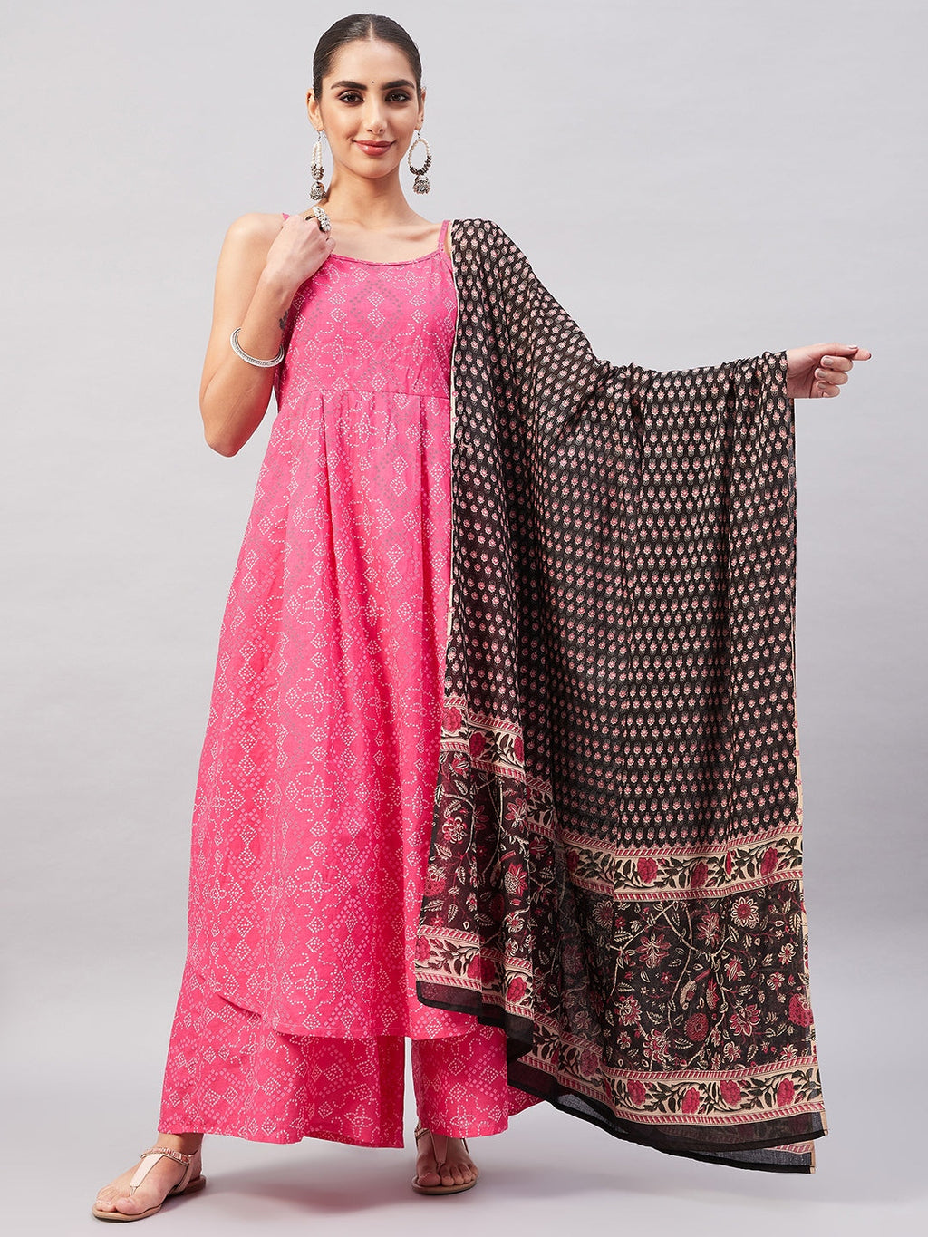 InWeave Women's Pink Bandhani Strappy Set W Black Pink Ethnic Dupatta | Grocsy
