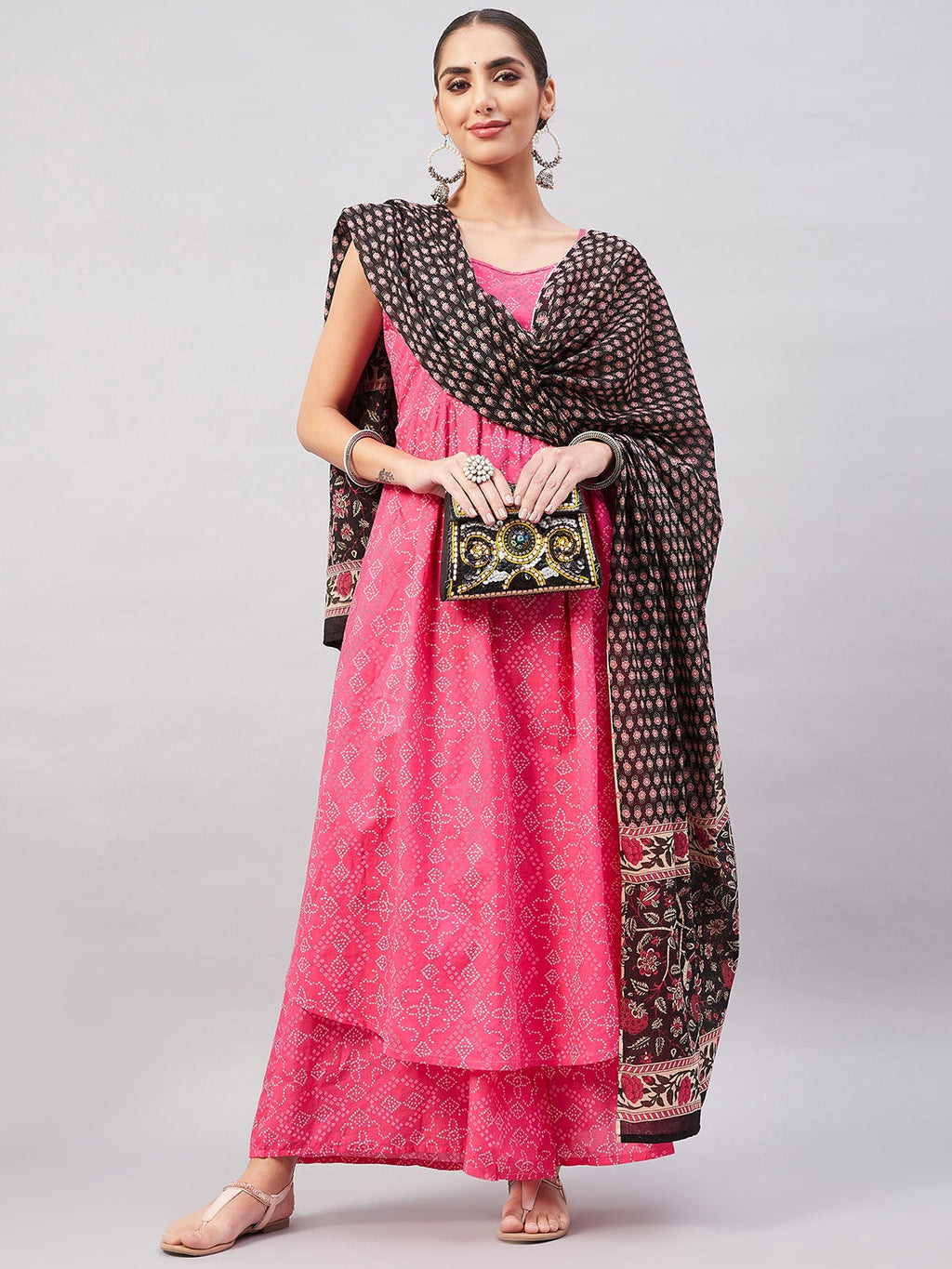 InWeave Women's Pink Bandhani Strappy Set W Black Pink Ethnic Dupatta | Grocsy