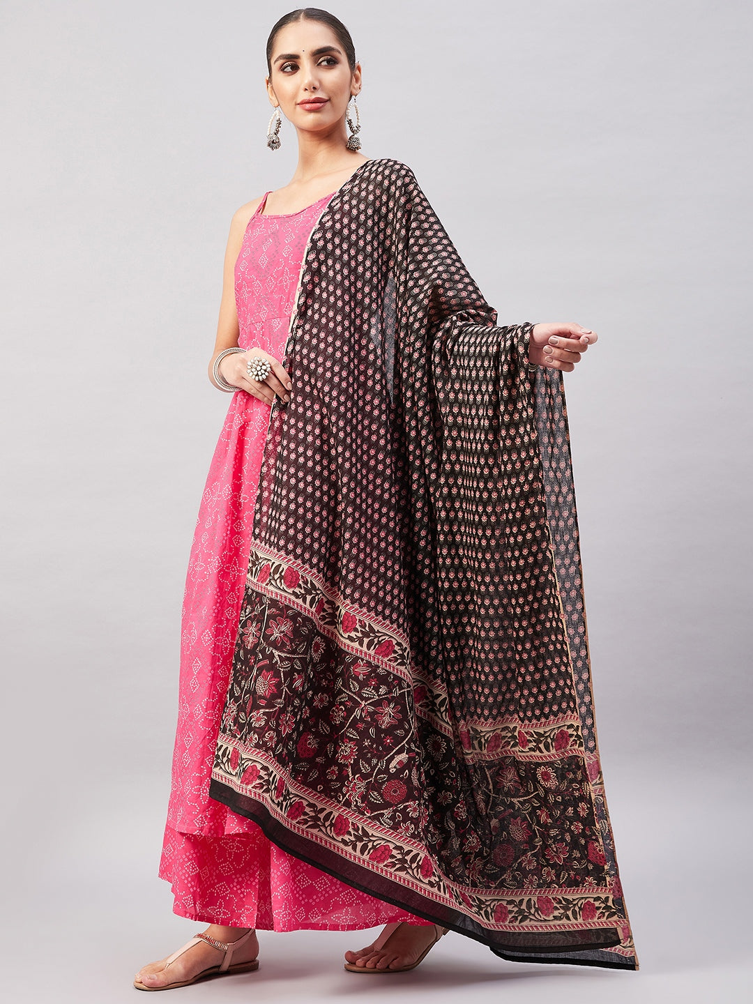 InWeave Women's Pink Bandhani Strappy Set W Black Pink Ethnic Dupatta | Grocsy