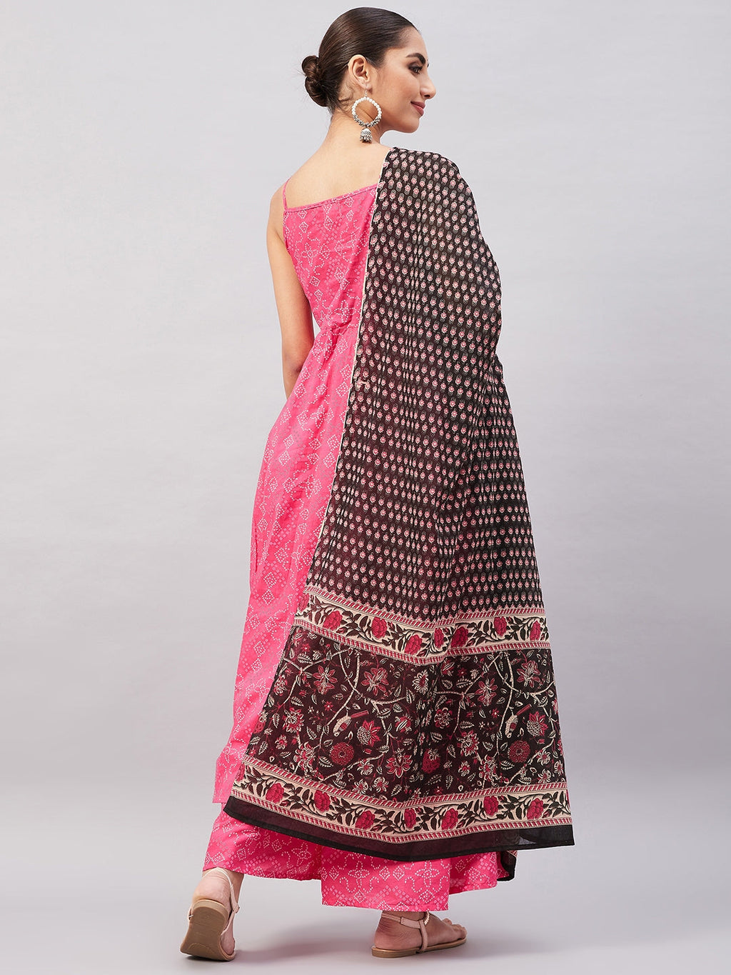 InWeave Women's Pink Bandhani Strappy Set W Black Pink Ethnic Dupatta | Grocsy