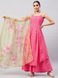 InWeave Women's Pink Bandhani Strappy Set W Golden Floral Organza Dupatta | Grocsy