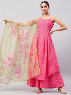 InWeave Women's Pink Bandhani Strappy Set W Golden Floral Organza Dupatta | Grocsy