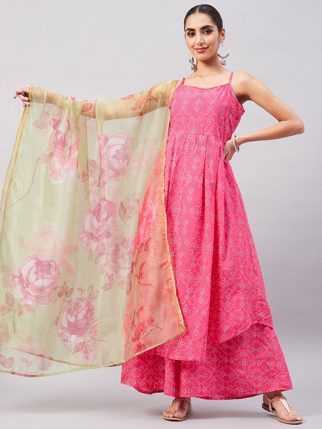 InWeave Women's Pink Bandhani Strappy Set W Golden Floral Organza Dupatta | Grocsy
