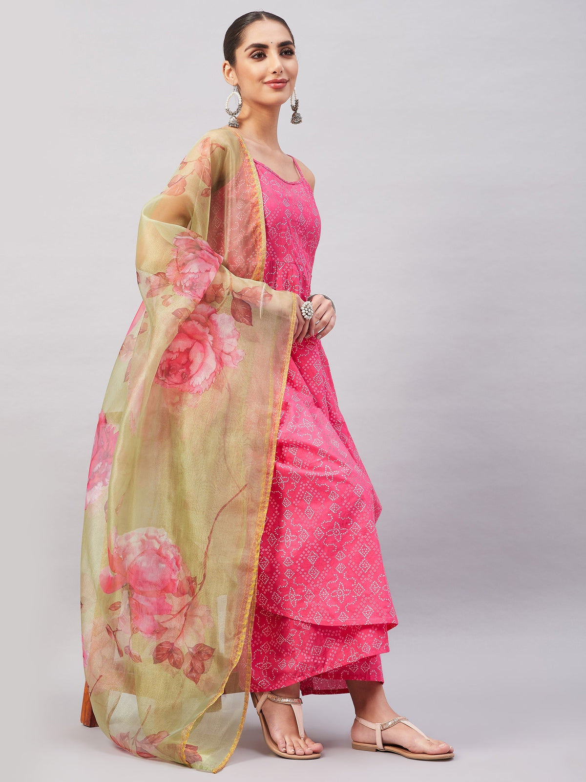 InWeave Women's Pink Bandhani Strappy Set W Golden Floral Organza Dupatta | Grocsy