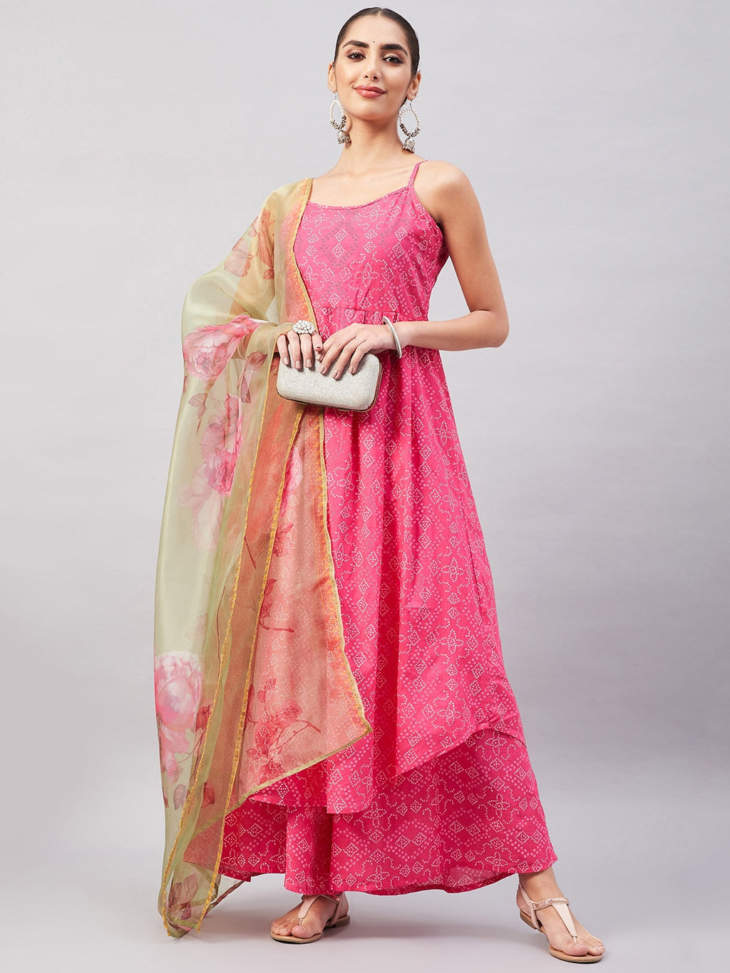 InWeave Women's Pink Bandhani Strappy Set W Golden Floral Organza Dupatta | Grocsy