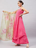 InWeave Women's Pink Bandhani Strappy Set W Golden Floral Organza Dupatta | Grocsy