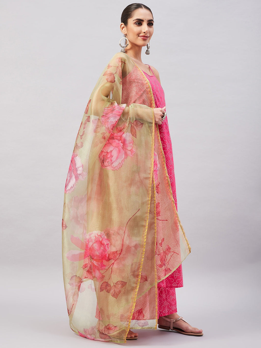 InWeave Women's Pink Bandhani Strappy Set W Golden Floral Organza Dupatta | Grocsy