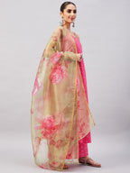 InWeave Women's Pink Bandhani Strappy Set W Golden Floral Organza Dupatta | Grocsy