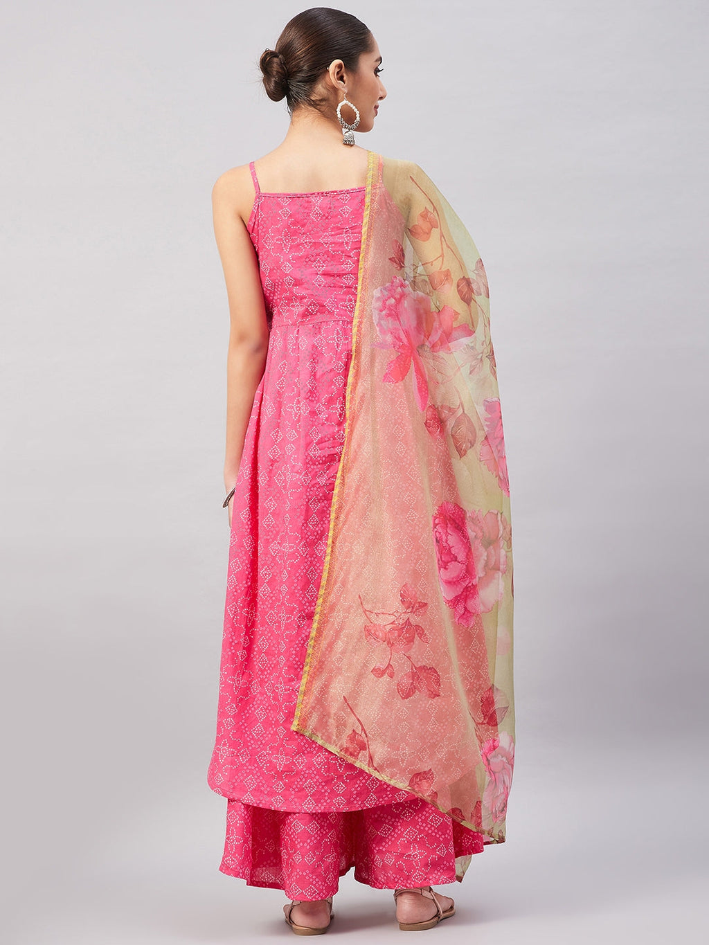InWeave Women's Pink Bandhani Strappy Set W Golden Floral Organza Dupatta | Grocsy