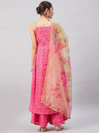 InWeave Women's Pink Bandhani Strappy Set W Golden Floral Organza Dupatta | Grocsy