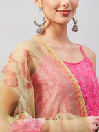 InWeave Women's Pink Bandhani Strappy Set W Golden Floral Organza Dupatta | Grocsy