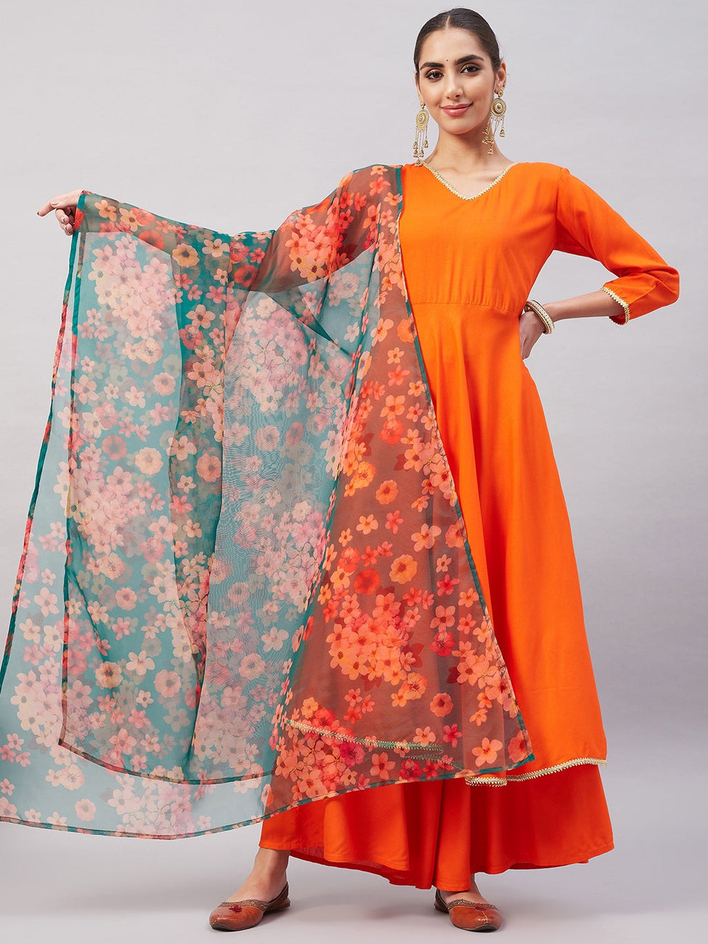 InWeave Women's Orange Gota Long Anrkali Kurta Set W Black Organza Dupatta | Grocsy