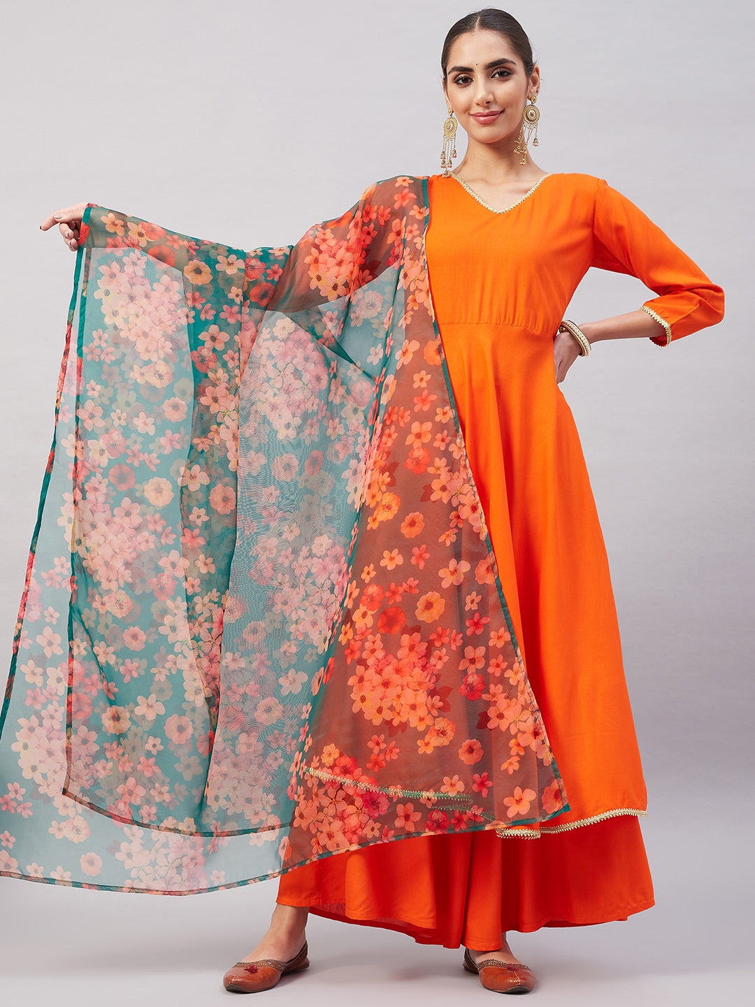 InWeave Women's Orange Gota Long Anrkali Kurta Set W Black Organza Dupatta | Grocsy
