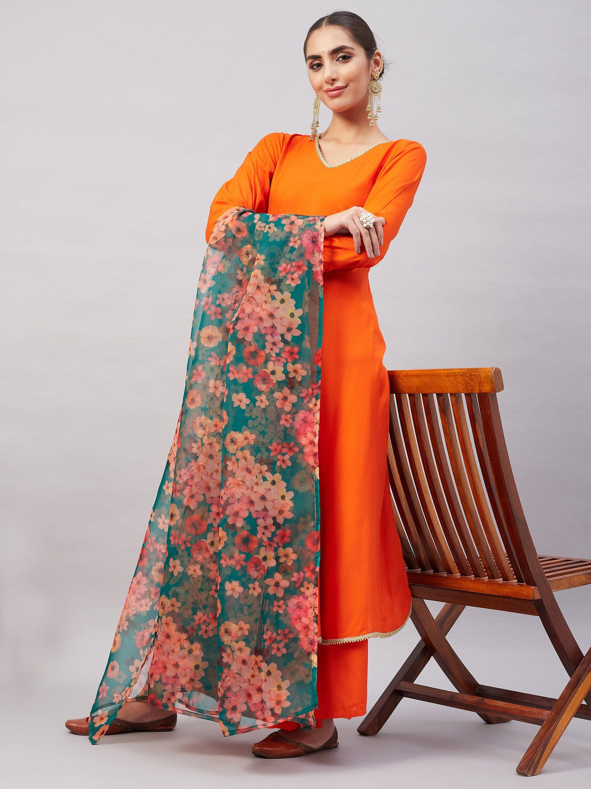 InWeave Women's Orange Gota Long Anrkali Kurta Set W Black Organza Dupatta | Grocsy