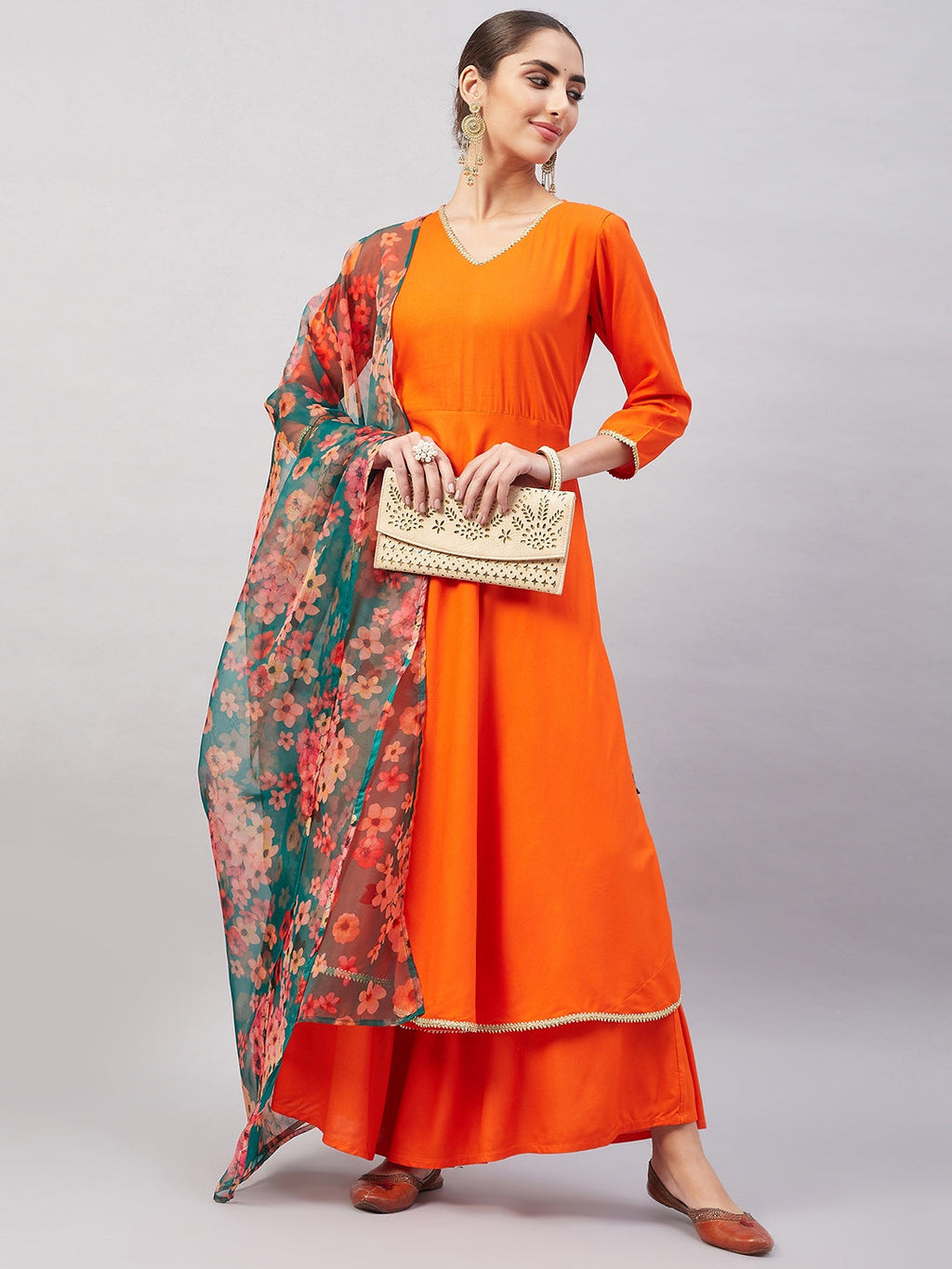 InWeave Women's Orange Gota Long Anrkali Kurta Set W Black Organza Dupatta | Grocsy
