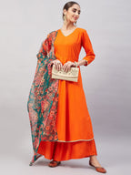 InWeave Women's Orange Gota Long Anrkali Kurta Set W Black Organza Dupatta | Grocsy
