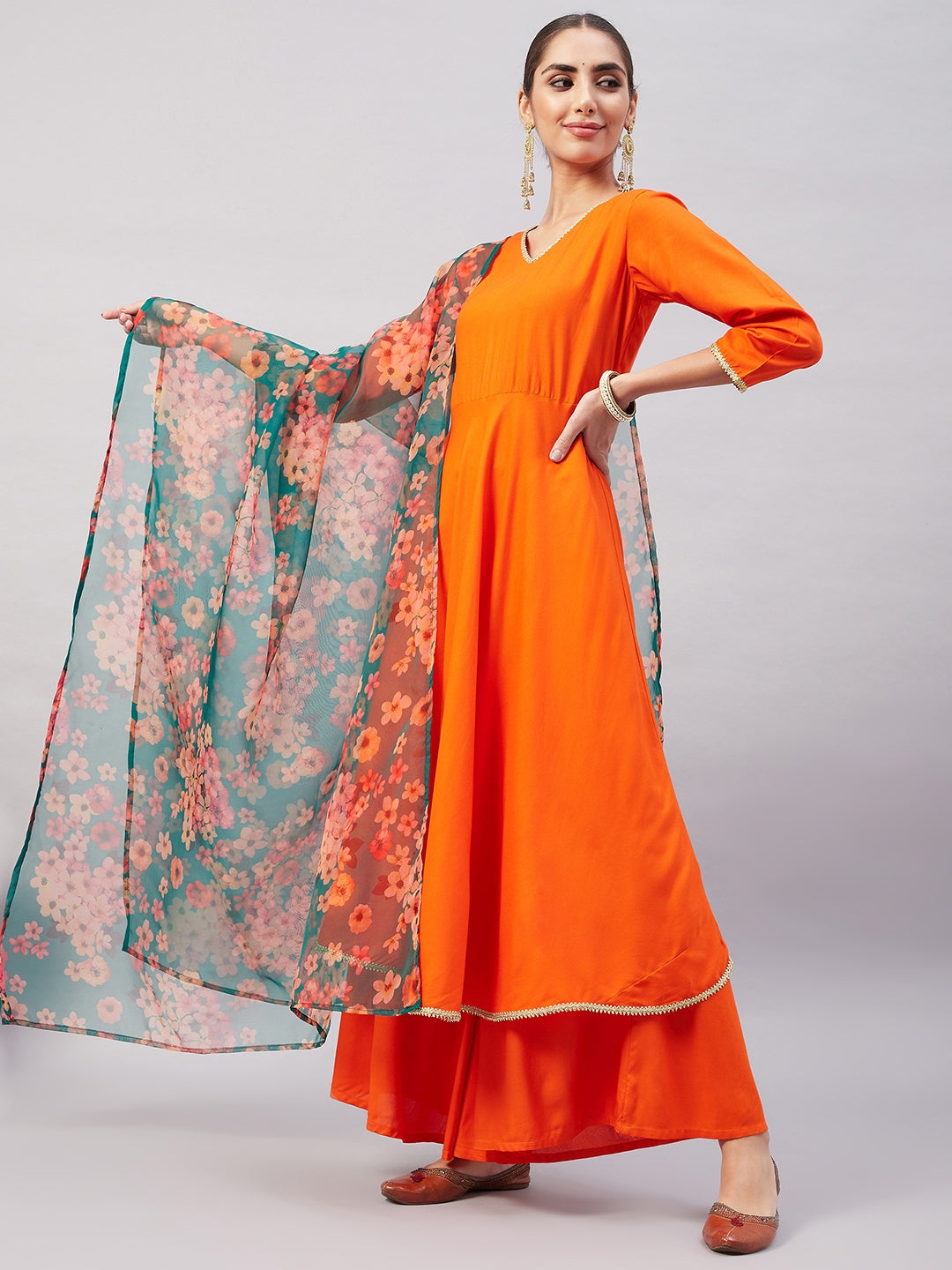 InWeave Women's Orange Gota Long Anrkali Kurta Set W Black Organza Dupatta | Grocsy