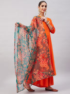 InWeave Women's Orange Gota Long Anrkali Kurta Set W Black Organza Dupatta | Grocsy