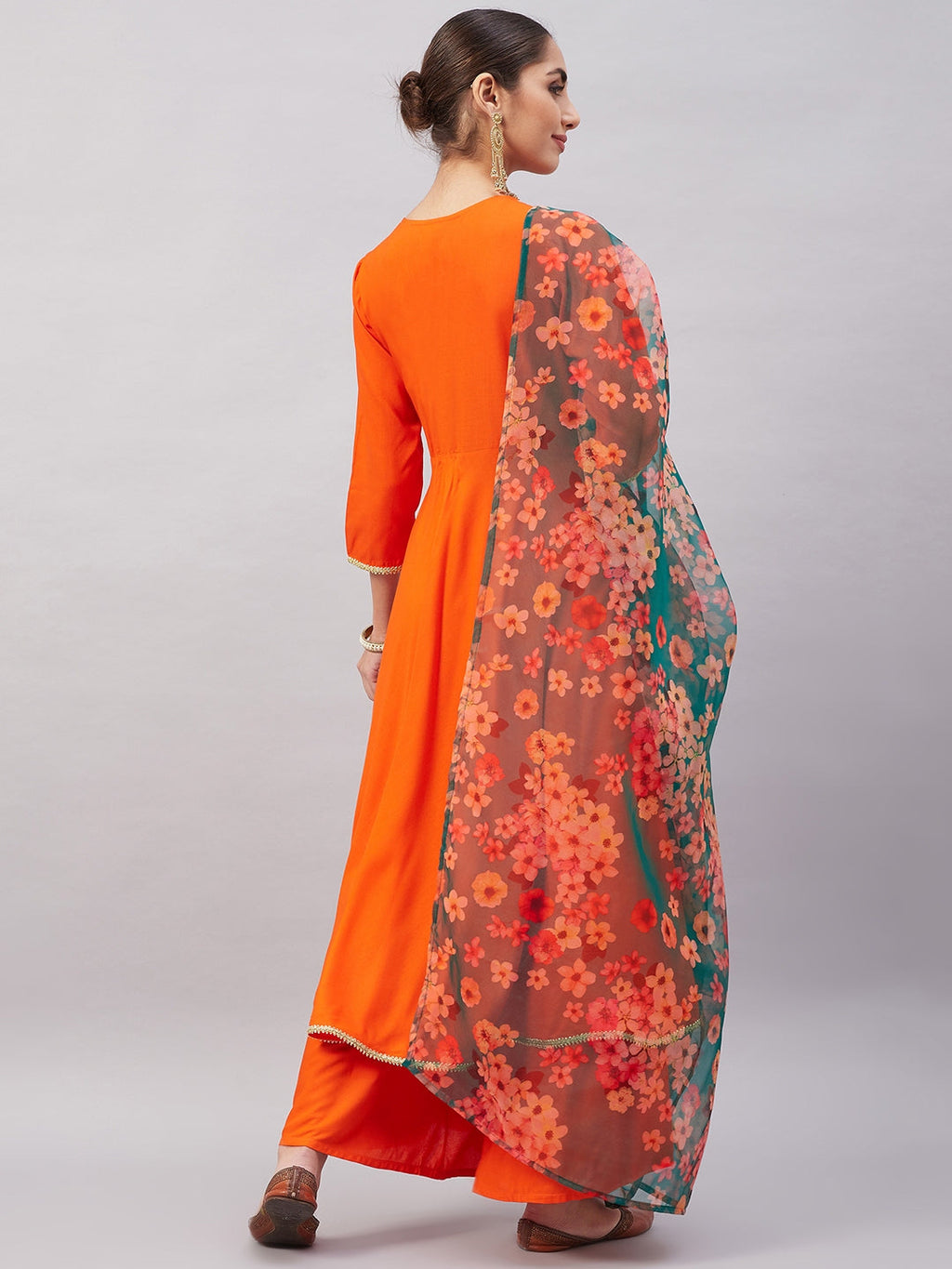 InWeave Women's Orange Gota Long Anrkali Kurta Set W Black Organza Dupatta | Grocsy