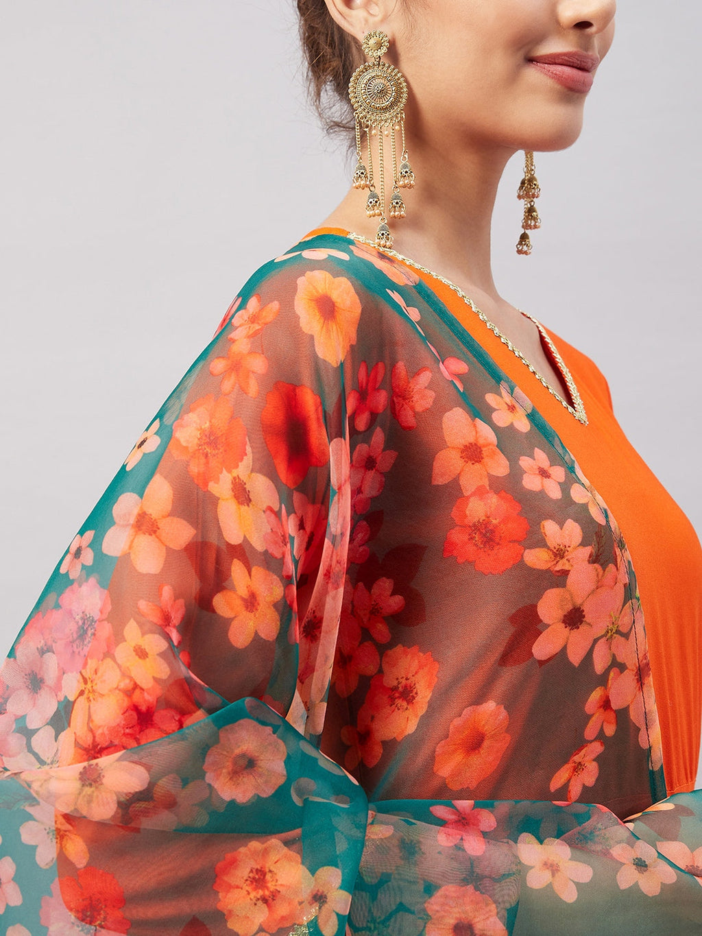 InWeave Women's Orange Gota Long Anrkali Kurta Set W Black Organza Dupatta | Grocsy