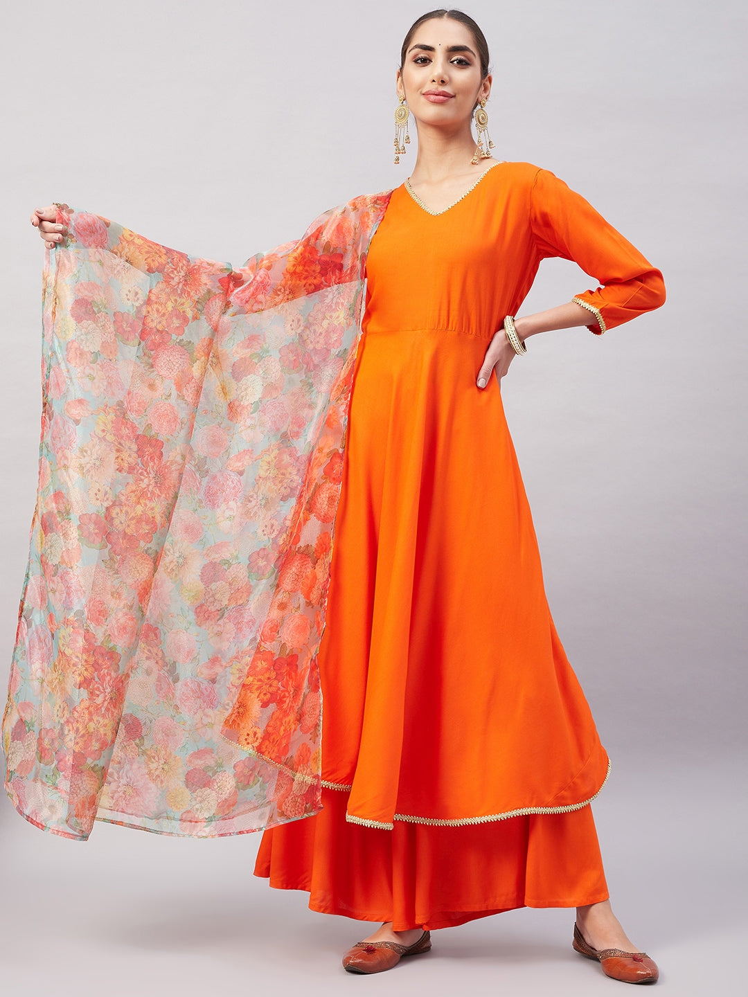 InWeave Women's Orange Gota Long Anrkali Kurta Set W Green Organza Dupatta | Grocsy