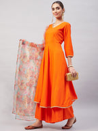 InWeave Women's Orange Gota Long Anrkali Kurta Set W Green Organza Dupatta | Grocsy