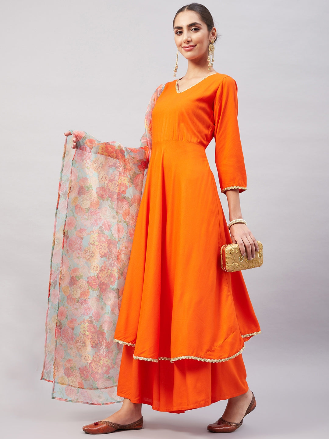 InWeave Women's Orange Gota Long Anrkali Kurta Set W Green Organza Dupatta | Grocsy