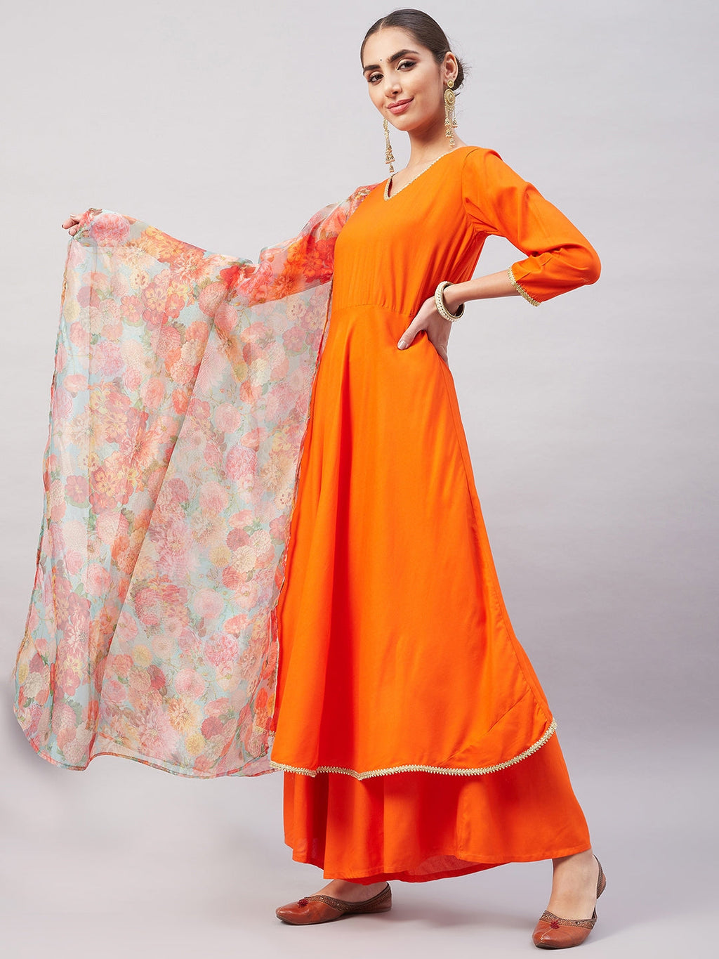 InWeave Women's Orange Gota Long Anrkali Kurta Set W Green Organza Dupatta | Grocsy