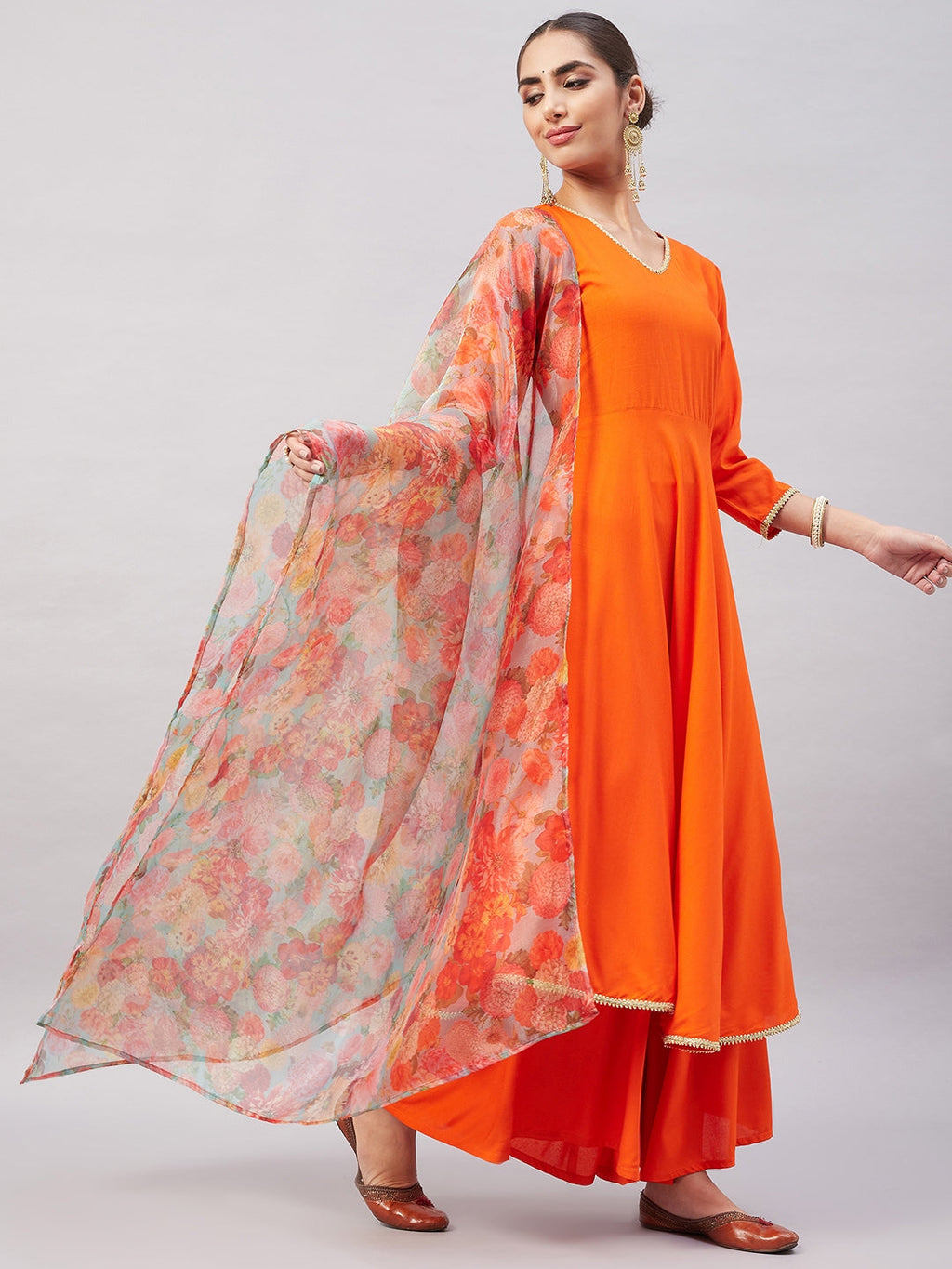 InWeave Women's Orange Gota Long Anrkali Kurta Set W Green Organza Dupatta | Grocsy