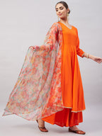 InWeave Women's Orange Gota Long Anrkali Kurta Set W Green Organza Dupatta | Grocsy
