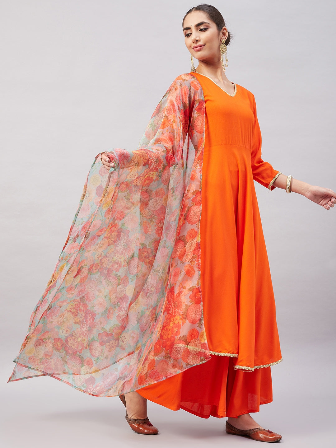 InWeave Women's Orange Gota Long Anrkali Kurta Set W Green Organza Dupatta | Grocsy