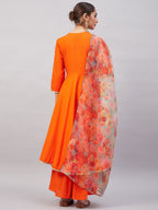 InWeave Women's Orange Gota Long Anrkali Kurta Set W Green Organza Dupatta | Grocsy