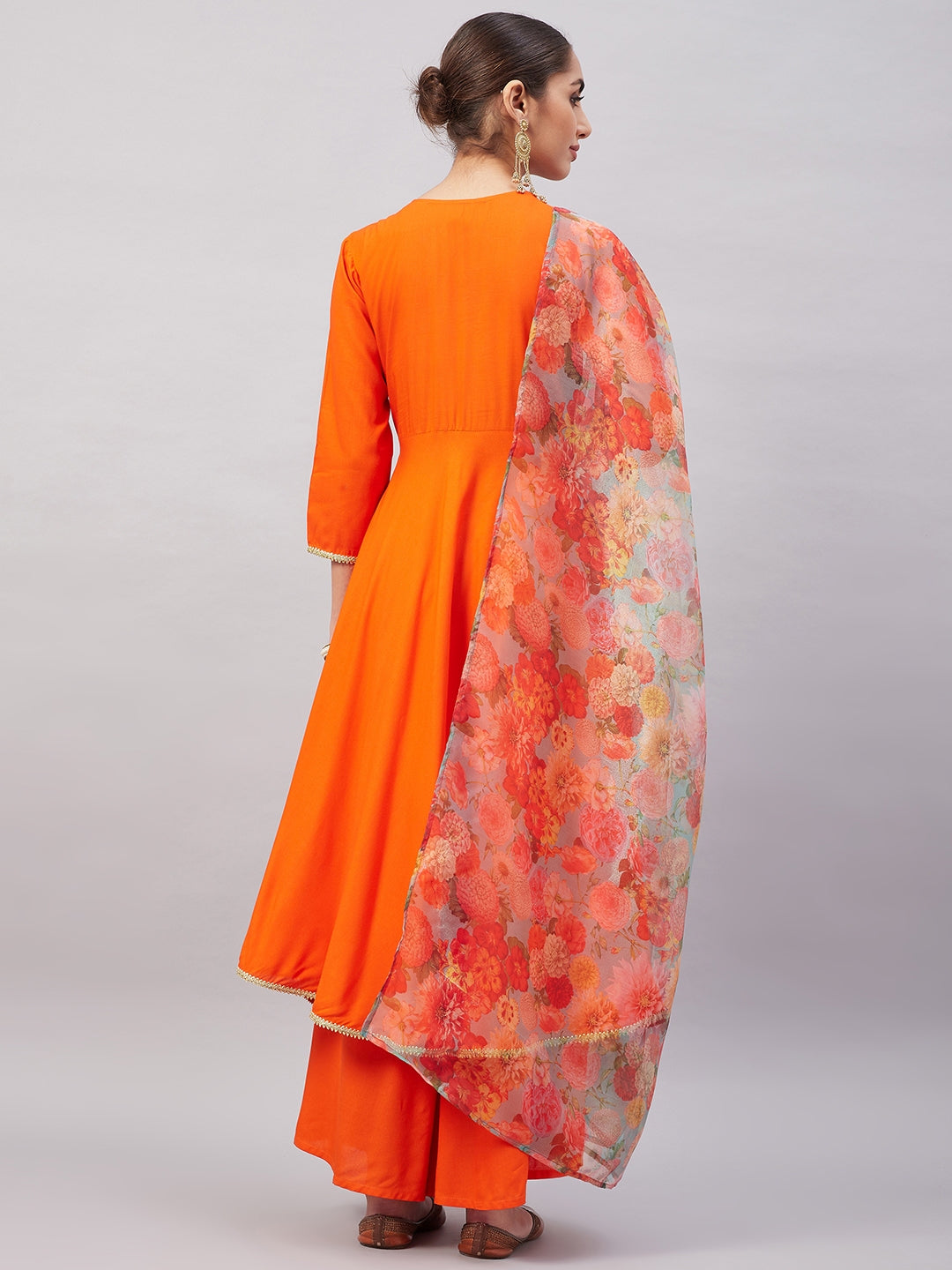 InWeave Women's Orange Gota Long Anrkali Kurta Set W Green Organza Dupatta | Grocsy